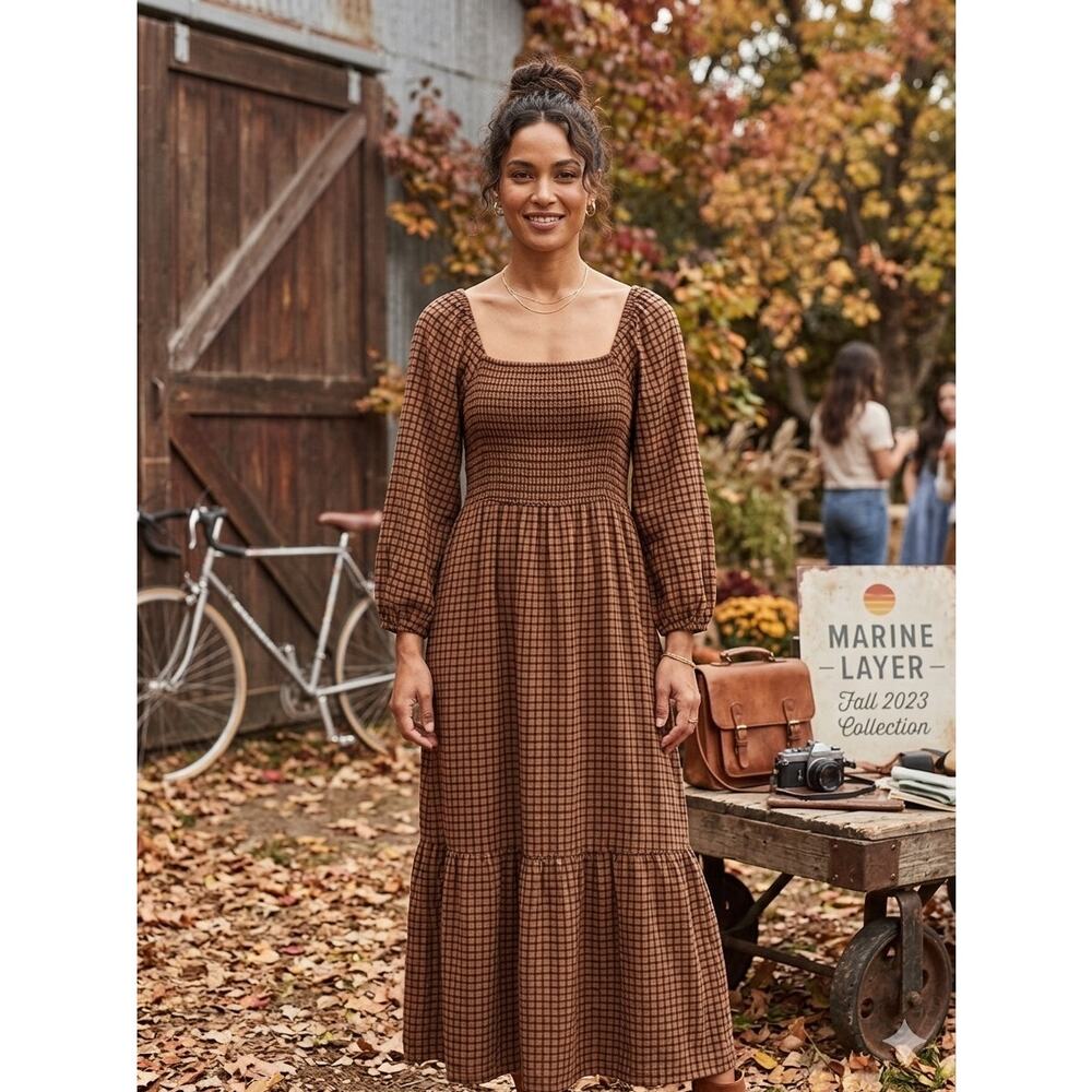 Marine Layer Mari Smocked Midi Dress Brown Plaid Fall 2023 Size M